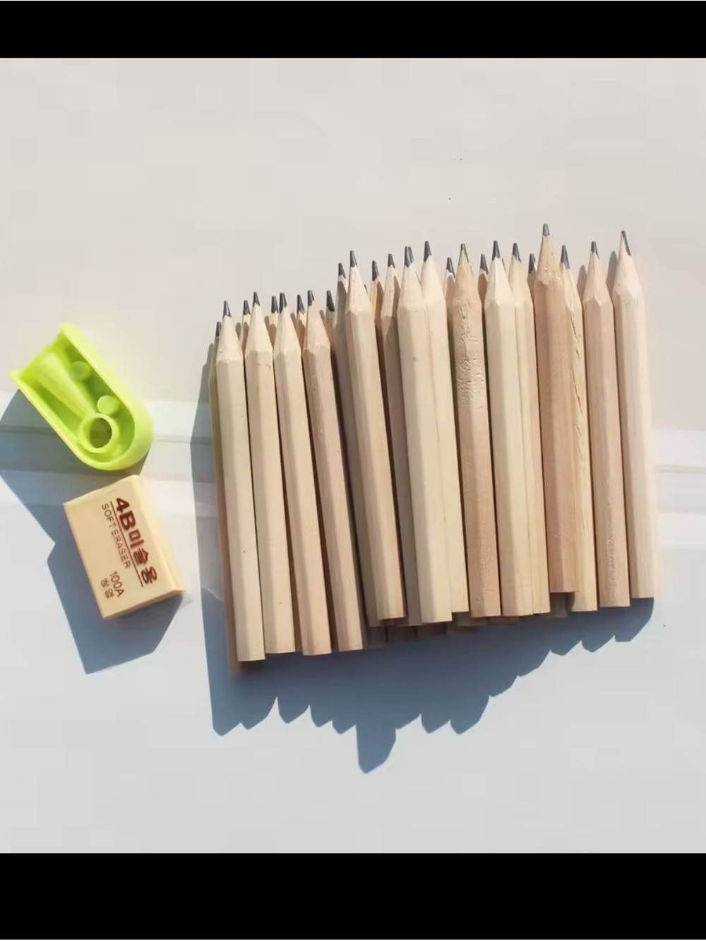 Unbranded Natural Wood Short Pencil Set with Green Sharpener